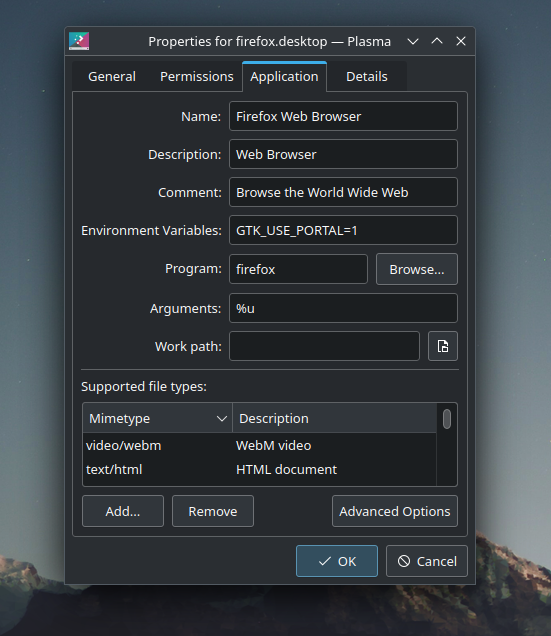 Plasma Desktop, properties option window for the firefox.desktop file