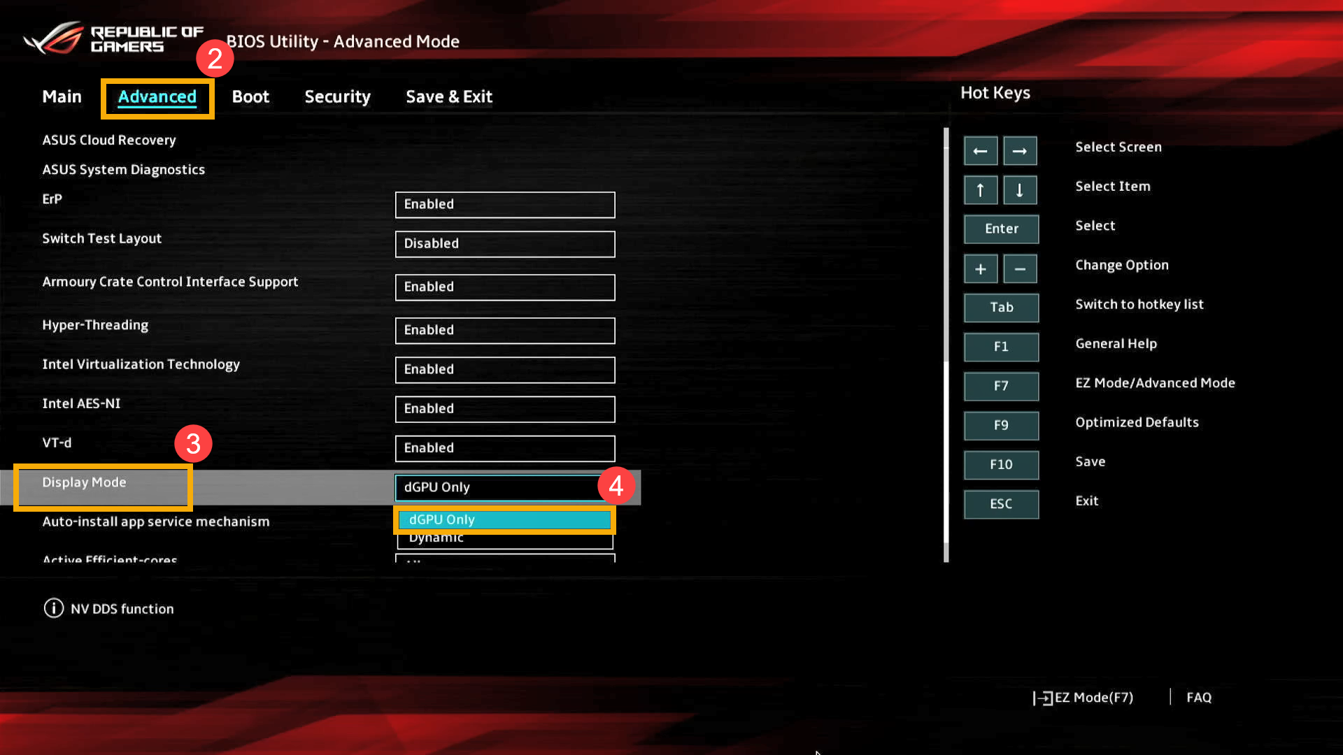 ASUS BIOS menu where we show how to switch to dGPU